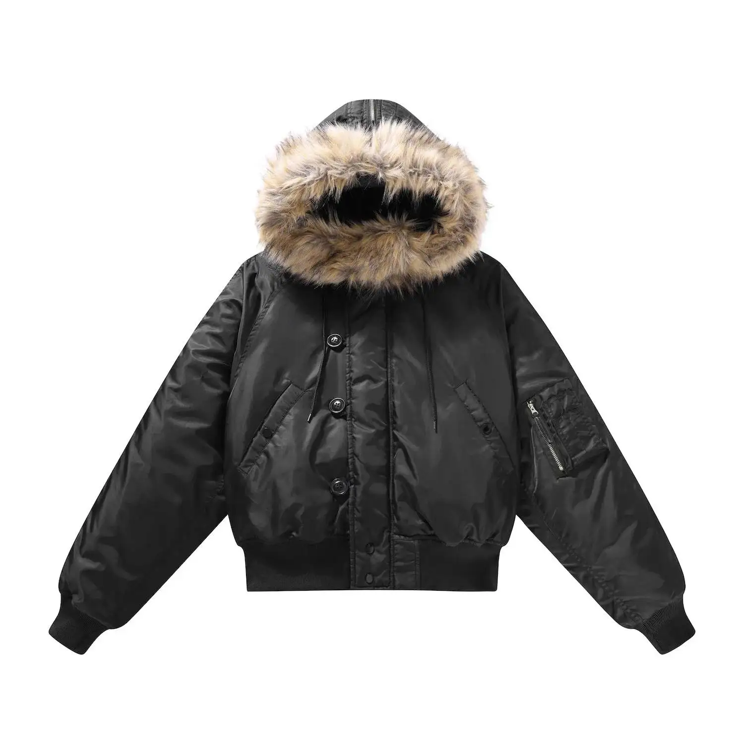 Retro American N2B Hooded Thickened Jacket Men's Women's Short Style Polyester Fiber Fill Winter Outerwear With Removable Fur..