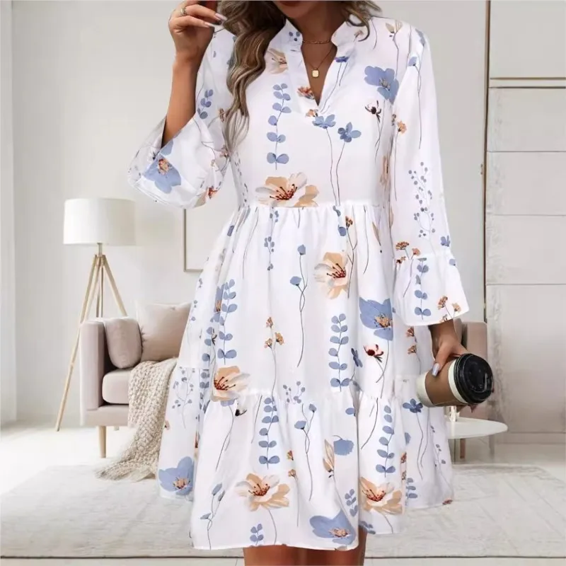 

Elegant Ladies' Trendy Autumn White Dress New With Flower Print V-neck Cover Waist Cinched Lantern Sleeves A-line Swing Dress