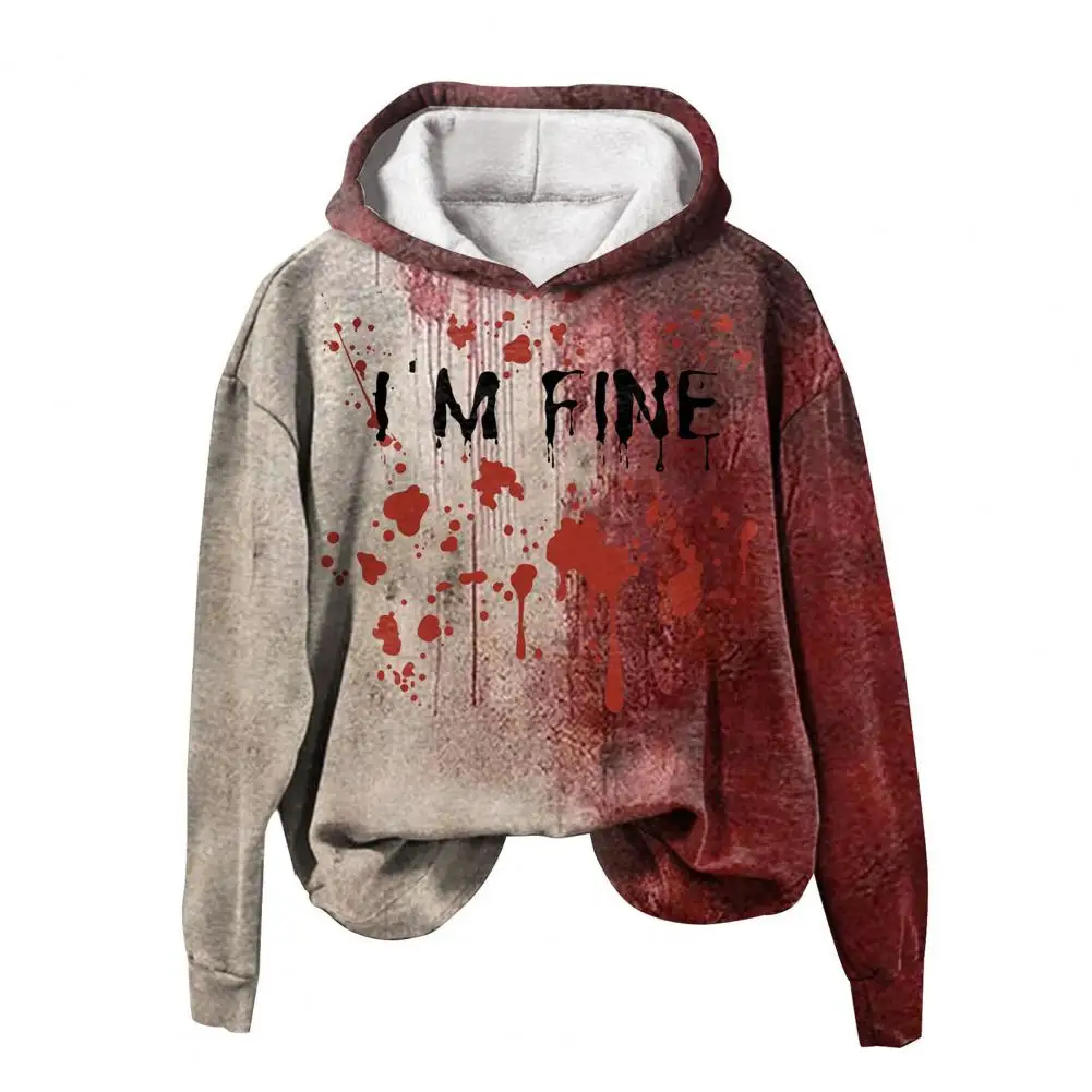 Spooky Hoodie Bloodstain Print Unisex Halloween Hoodie with Drawstring Hood Pocket Haunted House Cosplay Top for Men Women Long