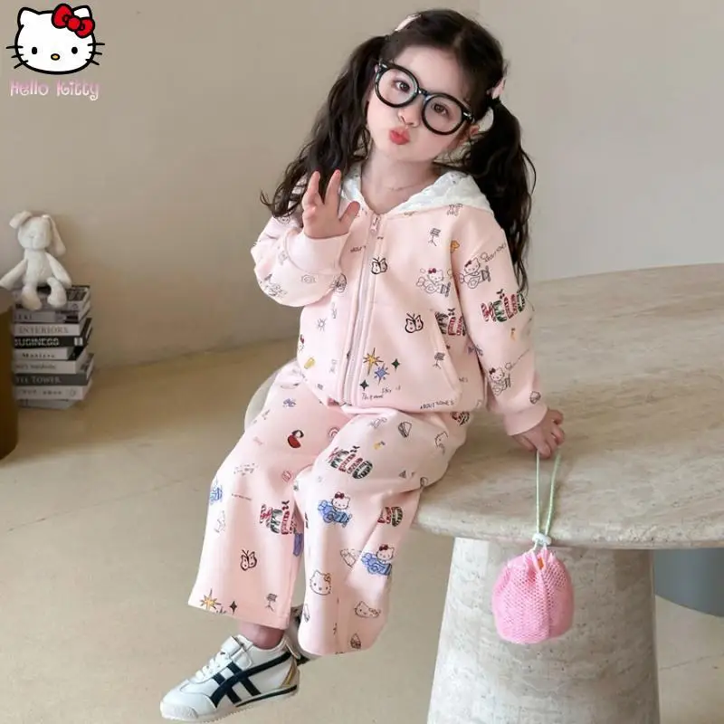 

Hello Kitty Sanrio Sport Set Fashion Girls Hooded Lace Cardigan Set Kawaii Spring Autumn New Anime Jacket Wide Leg Pants Cartoon