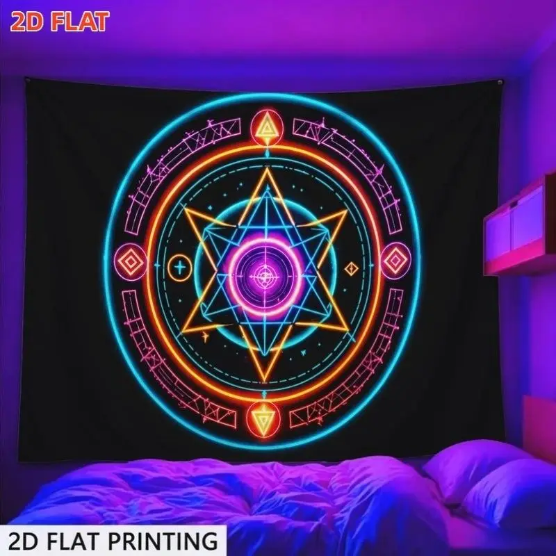 VIKAMA Neon Magic Circle Hexagram Geometric Christmas Tapestry Black Background Colorful Glow Sacred Geometry Rune Star UV Soft