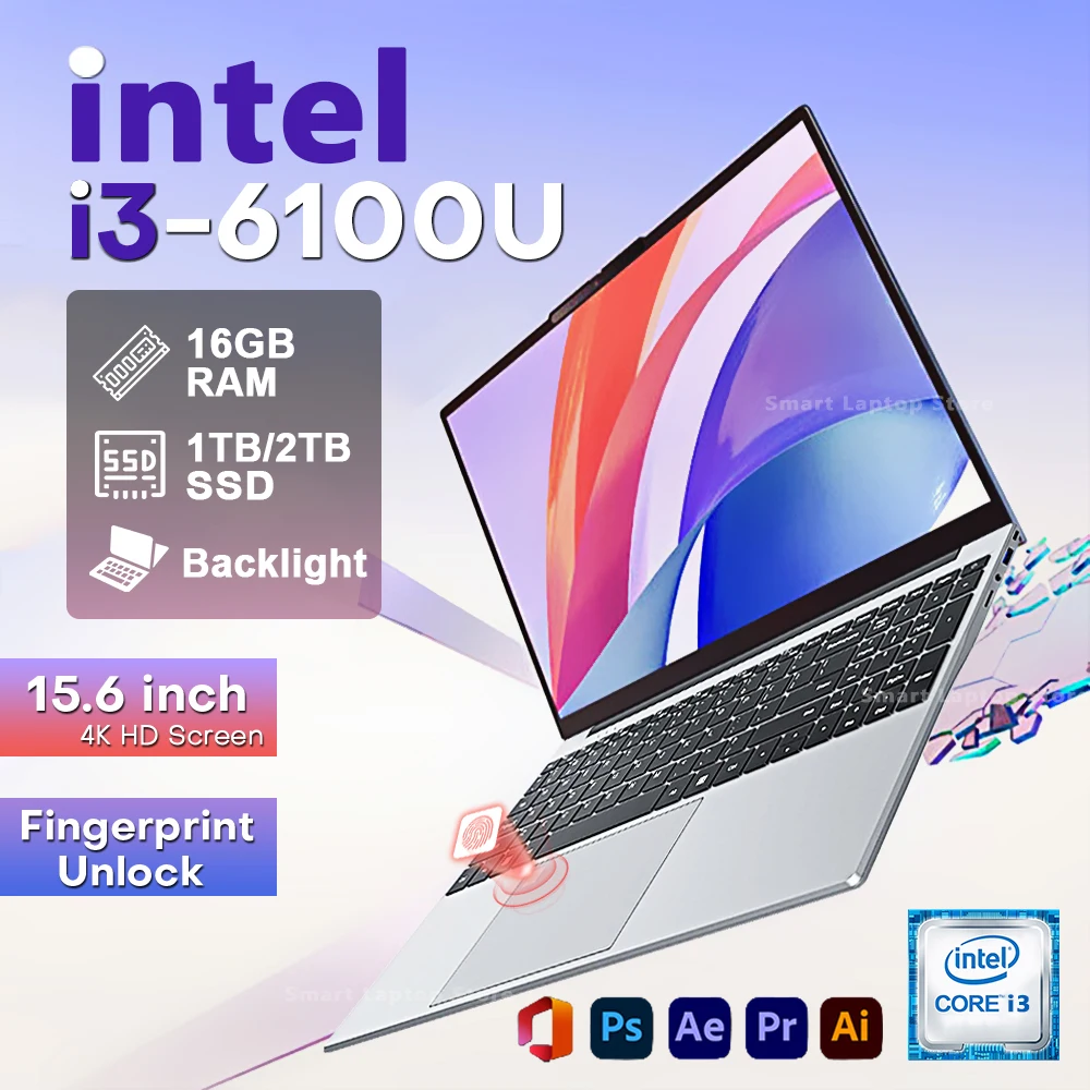 15.6" Business Laptop – Intel i3-6100U, 16GB RAM, 1-2TB SSD, Windows 11, ultra plāns, biznesa dators ar pirkstu nospiedumu lasītāju.