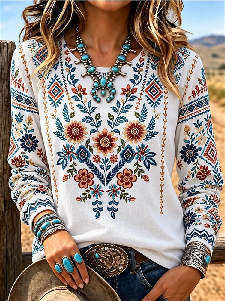 Women's Autumn Crew-Neck Long-Sleeve Casual T-Shirt Vintage Floral Print Ethnic Style Loose Comfortable Elegant Work-Ready Top