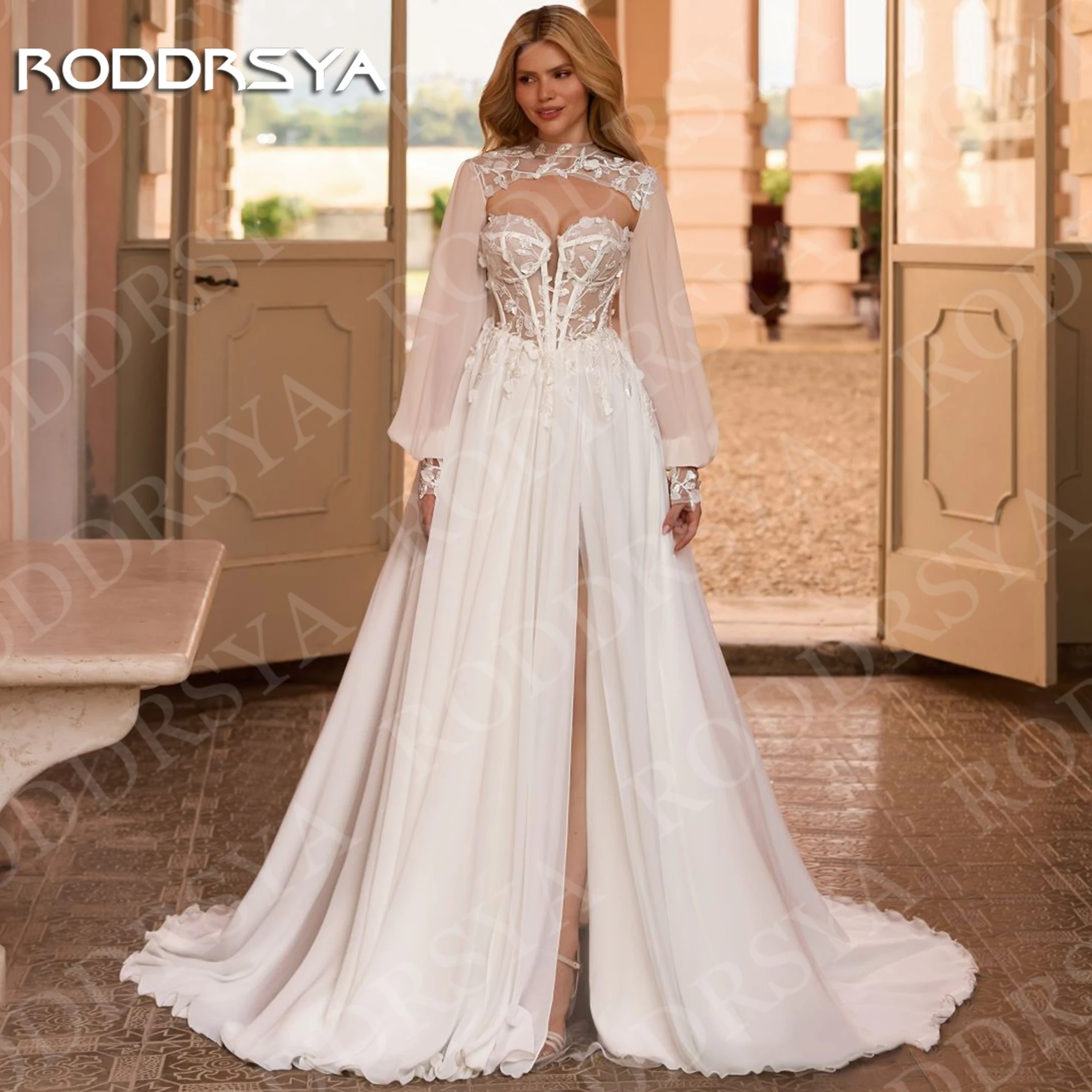 

RODDRSYA Bohemian Long Sleeve Wedding Dress Lace Appliques Chiffon A Line Bridal Dresses Beach Woman Customized robe de mariée