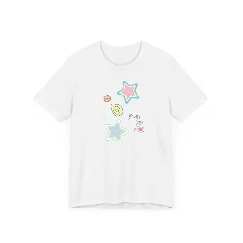 Pastel Kawaii Star Graphic T-Shirt Cute Colorful Doodle Swirl Print Soft Casual Short Sleeve Y2K Daily Comfort Women Basic Top