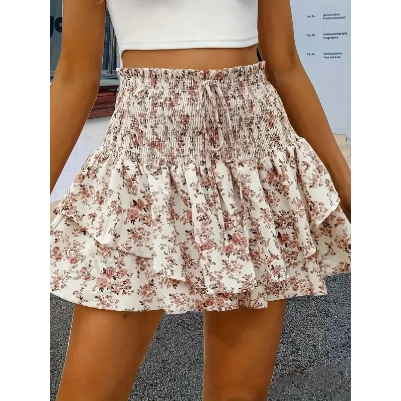 Spring and summer small floral print elastic waist elegant layered hem shorts fashion casual high waist shorts