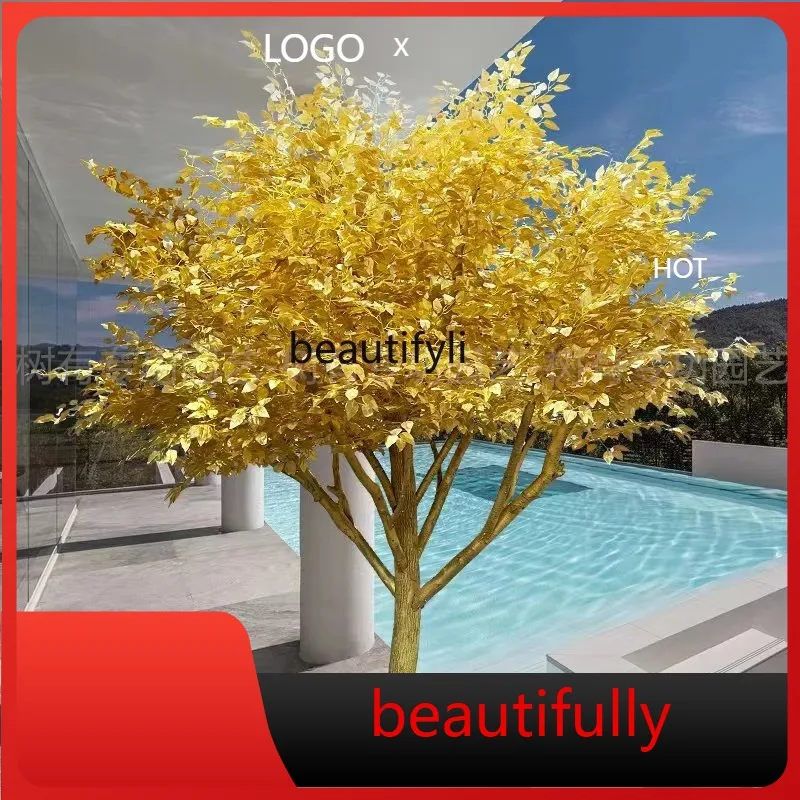 

X Simulated golden banyan tree large fake tree large, plant living room solid wood natural trunk decoration