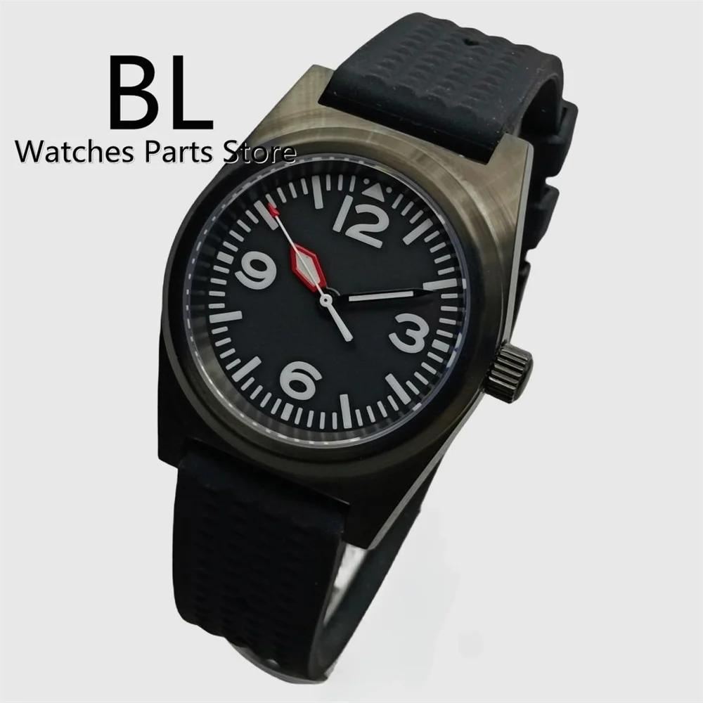 BLIGER 38mm Pilot Watch For Men NH35A PT5000 Movement Square Case Sapphire Glass Black Dial C3 Luminous Rubber Strap Waterproof