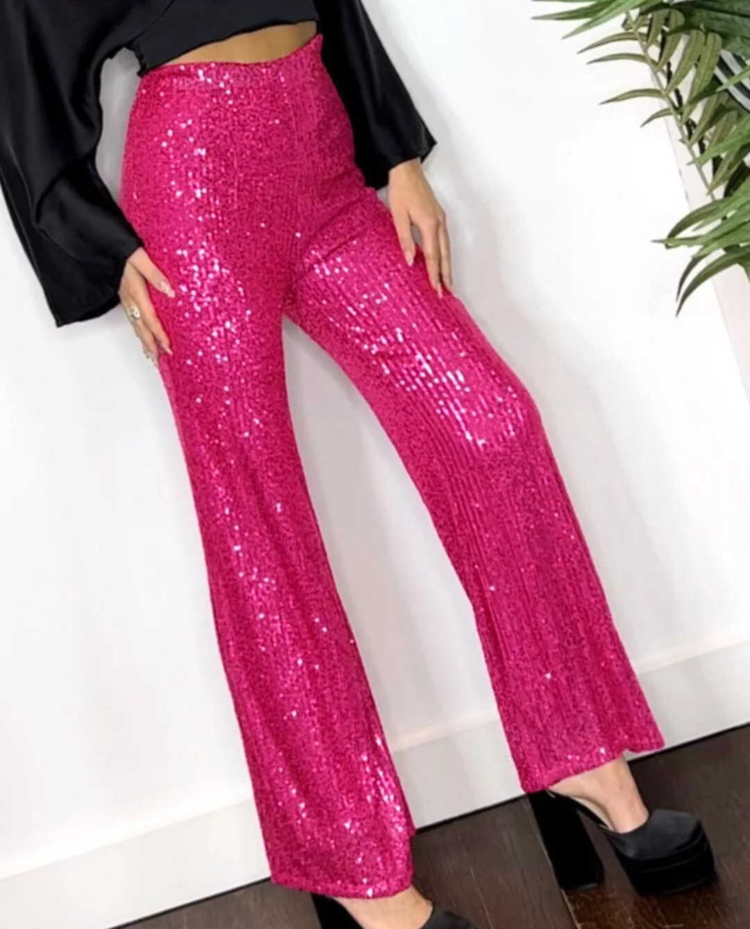 Pantalones de lentejuelas brillantes para mujer, Pantalones rectos ostentosos, pantalones de cintura alta, trajes de fiesta, ropa de calle de moda