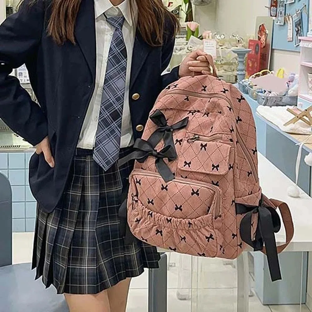 

Daypack Corduroy Bow Backpack Silk Design Casual Students School Bag Polyester Fixed Webbing Large Capacity Backpack Sweet Girls