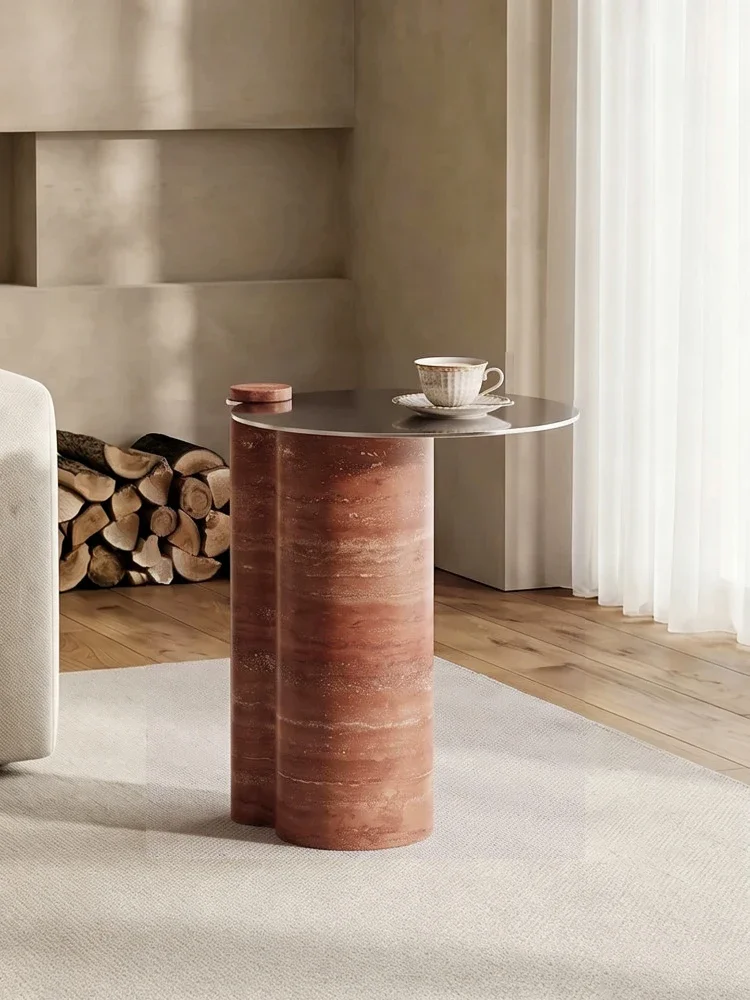 Vintage Wabi Sabi Red Travertine Side Table Designer Stainless Steel Round End Table Living Room Hotel Home Decor Customization