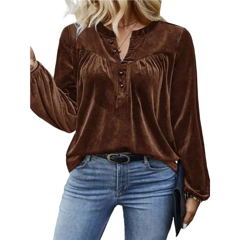 

AT33 женские бархатные топы с v-образным вырезом, винтажные плиссированные на пуговицах с длинными рукавами и фонариками, элегантные повседневные осенние велюровые блузки