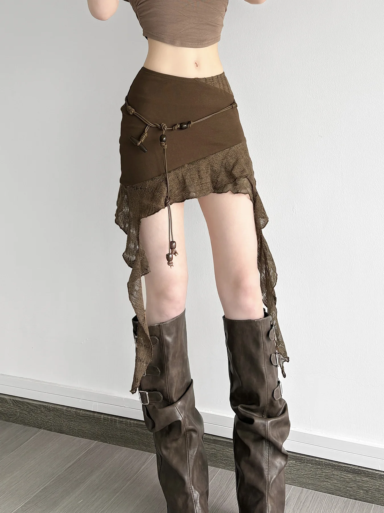 Retro style ruffle edge patchwork irregular short skirt with braided string and bead tie design spicy girl short skirts