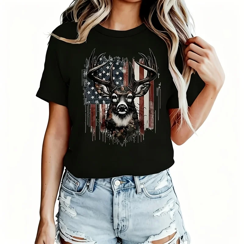 Deer Flag Design Women's T-Shirt 100% Cotton Funny Graphic Short Sleeve Tee Novelty Shirt Casual Crew Neck Top S-5Xl