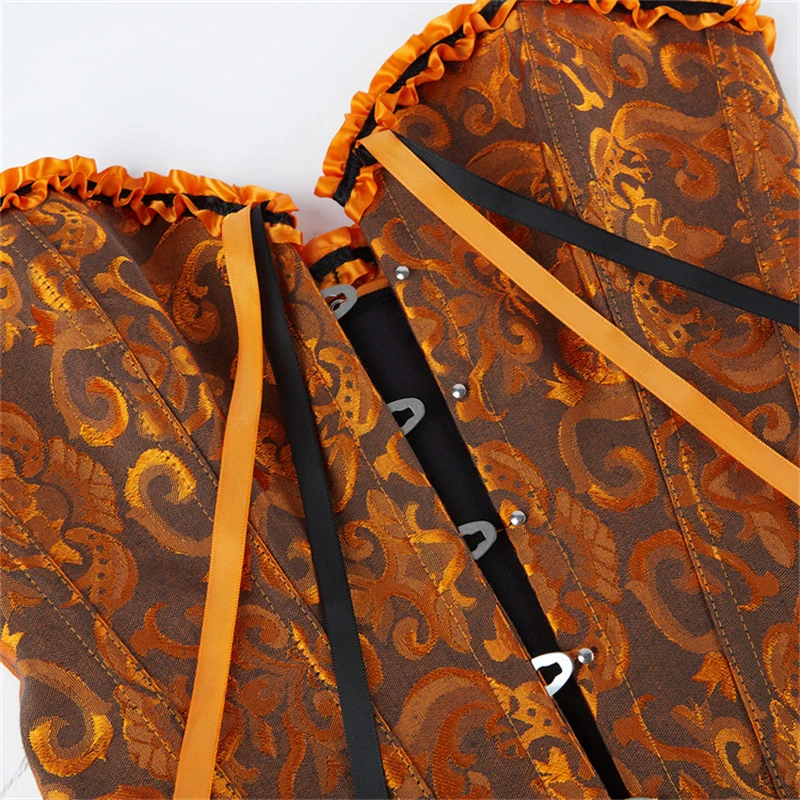 المرأة كورسيه فوقي للنساء بوستير توب القوطية البرتقال الجاكار الدانتيل متابعة المشدية خمر الفيكتوري Korsett الملابس الداخلية مثير الباسك #6