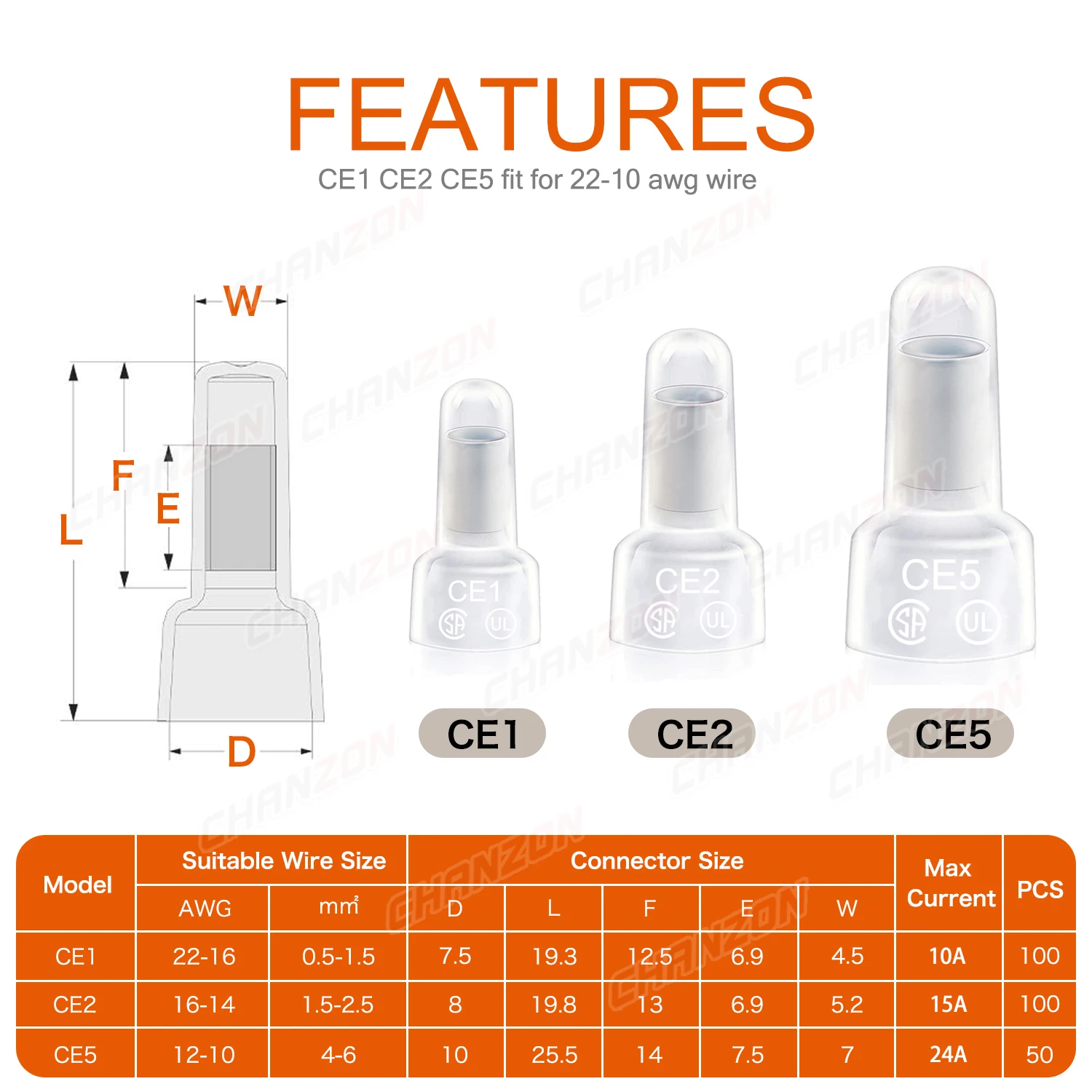 50/100PCS CE Type Closed End Crimp Cap Wire Connector Ce-1 Ce-2 Ce-5 Gauge Nylon Splice Wirefy Terminal Awg 12-10 16-14 22-16