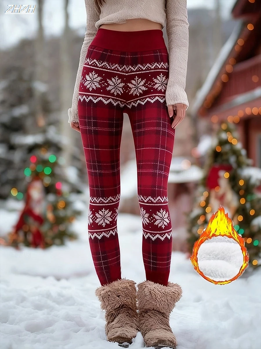 Leggings de mujer Leggings acogedores Moda Streetwear Pantalones básicos 2025 Gráfico de Navidad Impresión de copo de nieve Polar Térmico Cálido