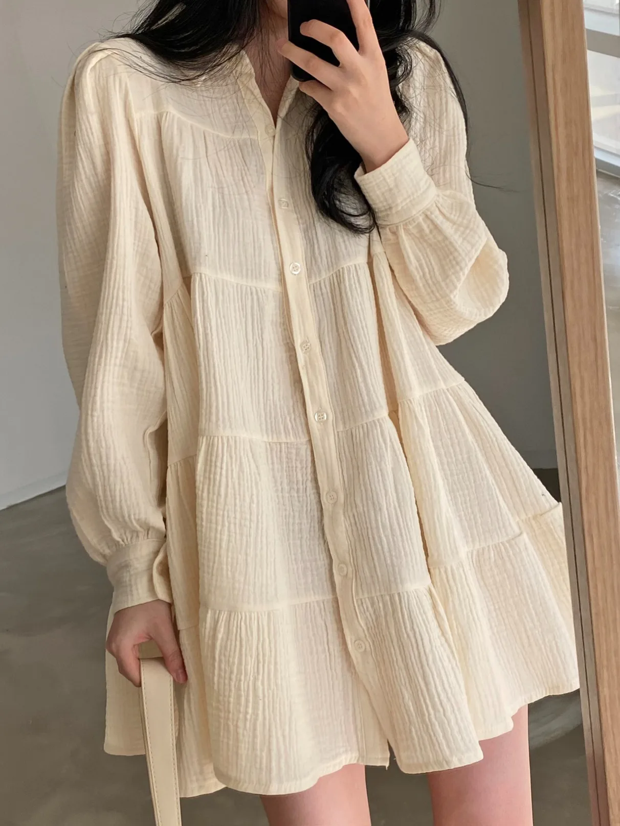 

Laid-ba Texture Long Sve Doll Dr Women's Early Autumn New Sle Retro Loose Cake ort Skirt Cotton Collar Singl...