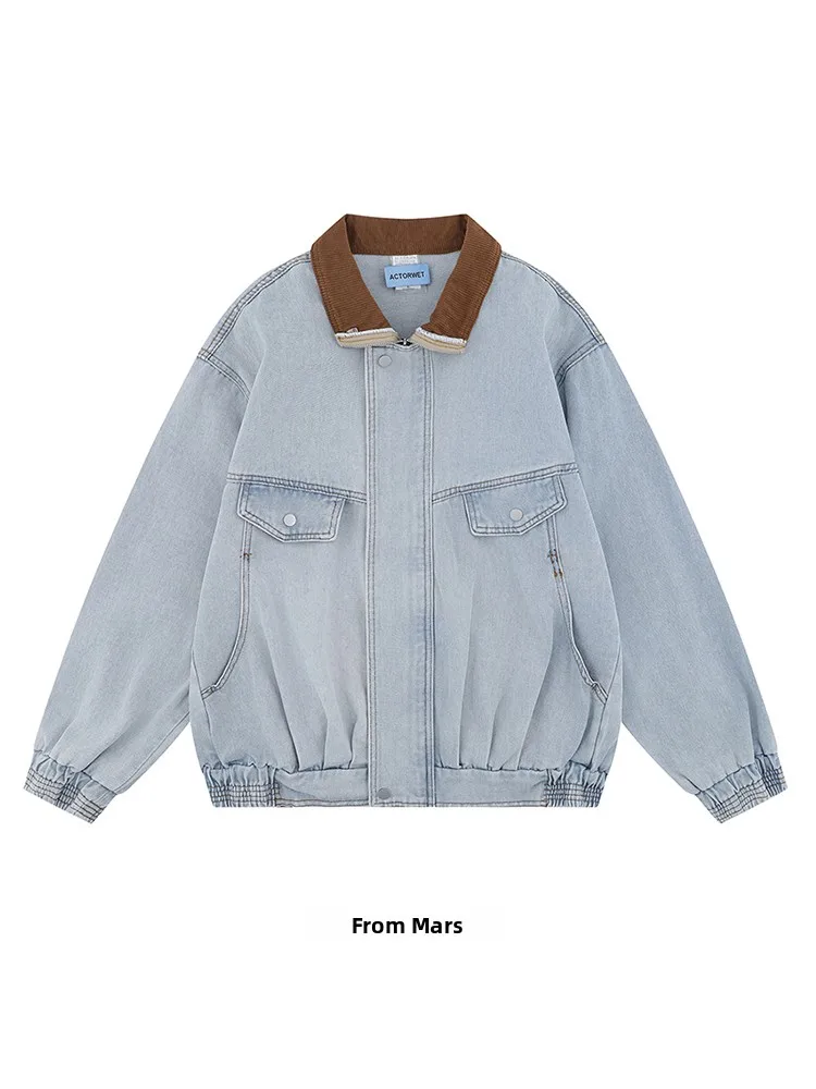 

Американская ретро-куртка из денима с цветными вставками и воротником на молнии, модная модель для пар, с длинными рукавами, весенняя сезонная одежда.