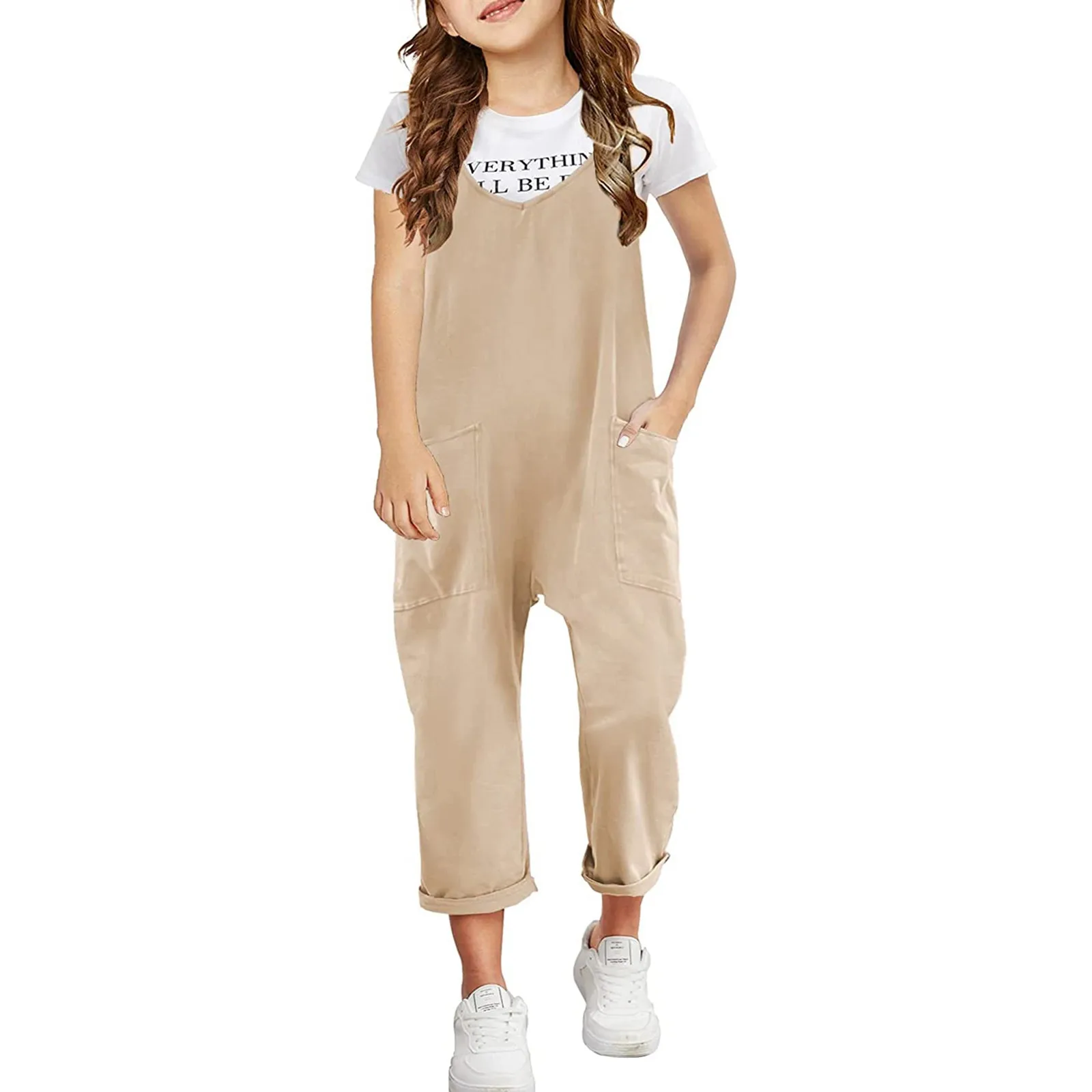 

Girls Casual Sleeveless Jumpsuits Loose Overalls Rompers Long Pants With Pocket 1 Piece Overalls Comfortable Jumpsuit ropa niña