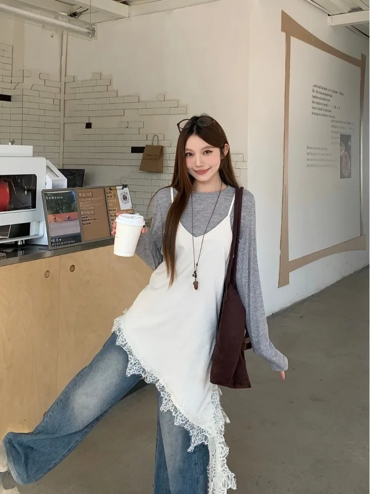 

Комплект из двух предметов: женский костюм больших размеров с V-образным вырезом, кружевной отделкой, перекрестным дизайном, длинными рукавами, весенний, стройнящий, шикарный, с цветочным принтом, повседневная рабочая одежда