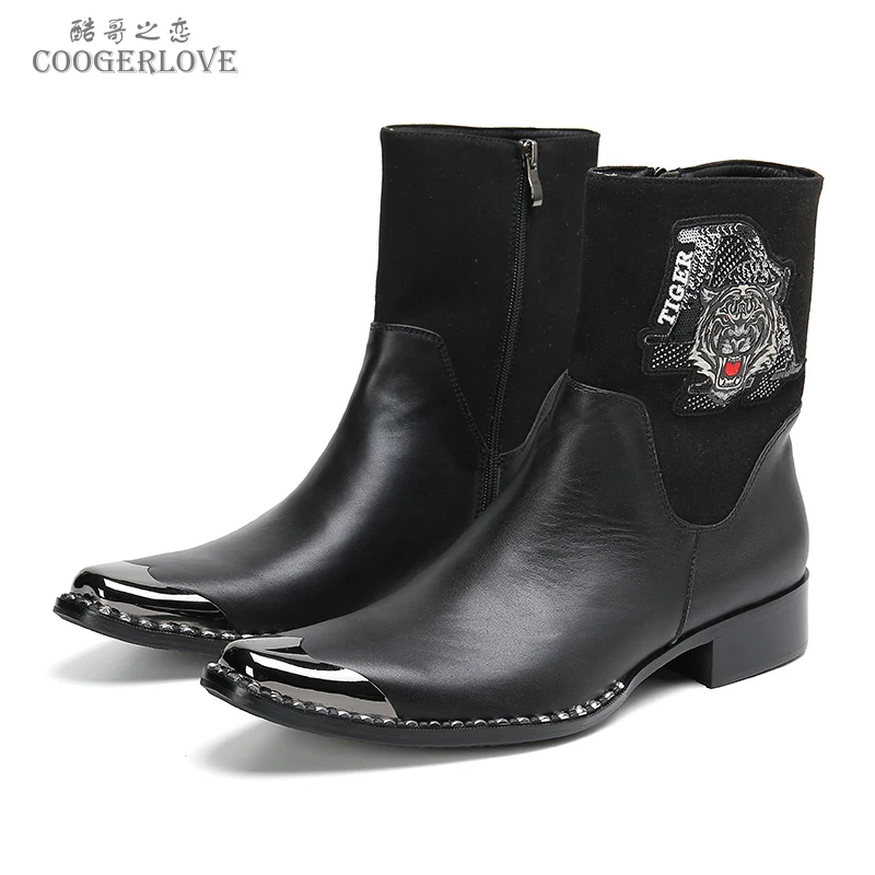 Coogerlove Fashion Winter Real Leather Men Long Boots Black Buckle Lace Up Mid Boots Big Size Motorcycle Cowboy Boots Botas