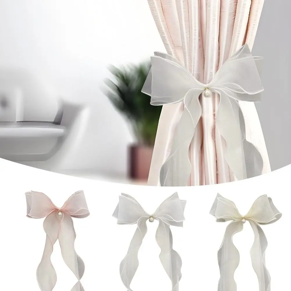 Fashion Translucent Bow Curtain Tieback Mesh with Pearl Curtain Rope Holders Curtain Buckle Home Decor