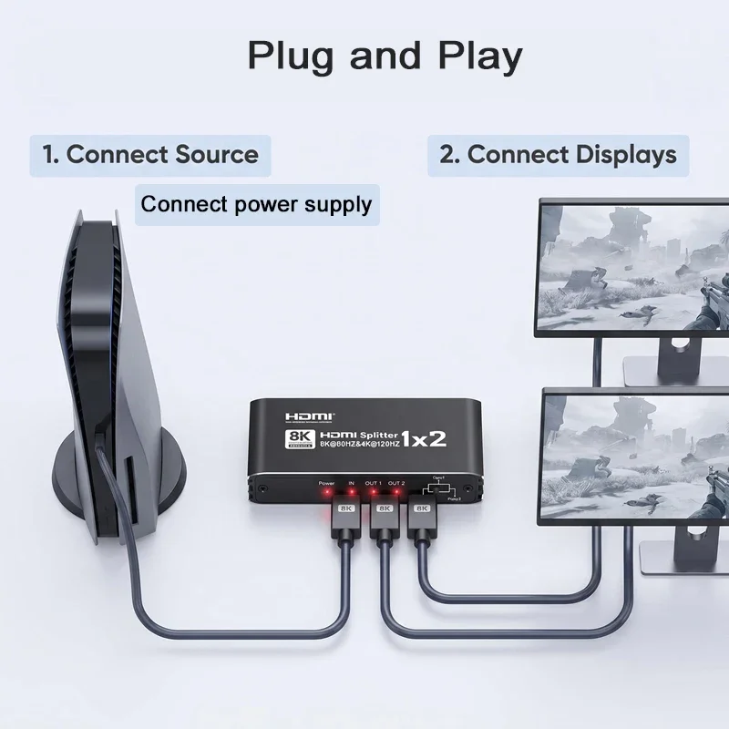 8K HDMI Splitter 1 in 2 Out 4K@120Hz 1080P240Hz HDMI2.1 Adapter Converter 1x2 Splitter for PS5 Laptop PC TV Monitor Projector
