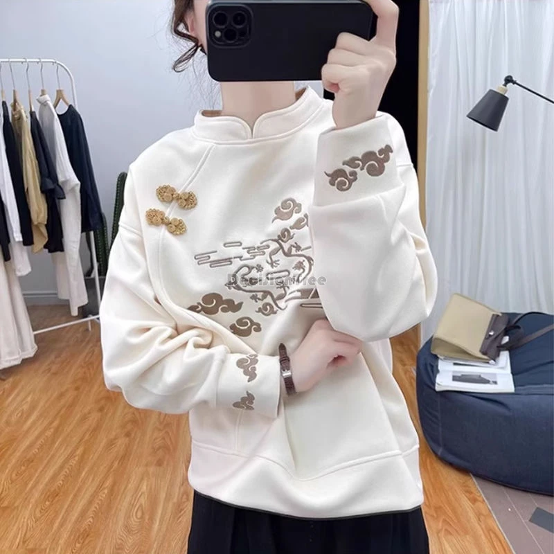 2024 exquisite embroidery pure cotton hoody elegant stand collar improved qipao hoddy thicken long sleeves chinese style sweater