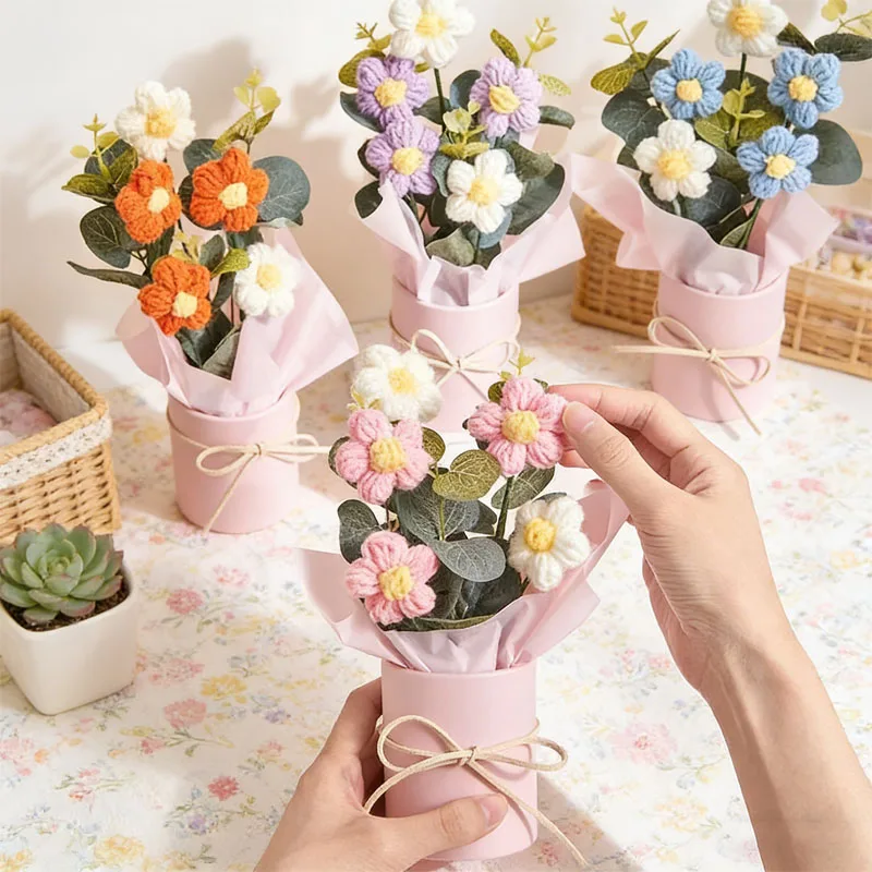 Ramo de Flores Artificiales, Ramo de Flores de Lana, Decoración para el Hogar, Ramo de Hilo de Ganchillo Hecho a Mano, Regalo para el Día de San Valentín