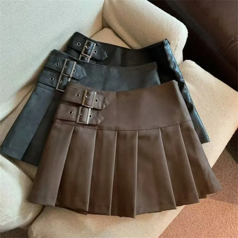 

S-3XL Pu Leather Mini Skirts Women Streetwear High Waist Pleated Skirt Vintage Korean Black Slim Casual A Line Skirts