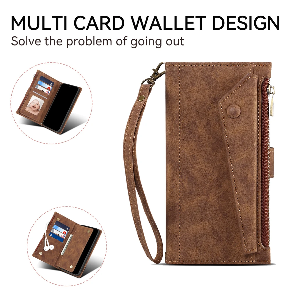 Zipper Lanyard Wallet Cards Bag Leather Case for IPhone 15 Pro Max 14 11 12 13 Pro Max 15 Plus Crossbody Pocket Purse Cover