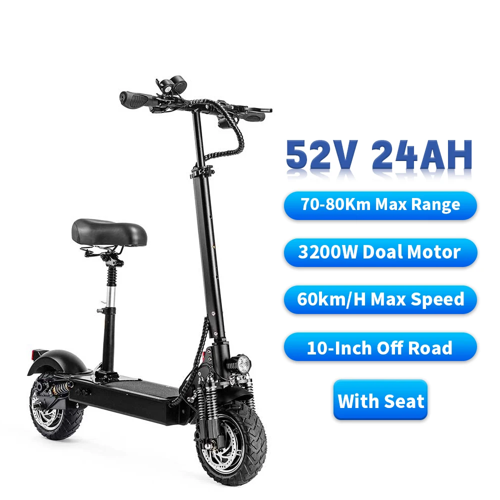 

Off-road Electric Scooter For Adult with Seat Folding Waterproof Dual Motor 3200W 52V 24ah 60km/h 10 inch 70-80KM Range E-bike