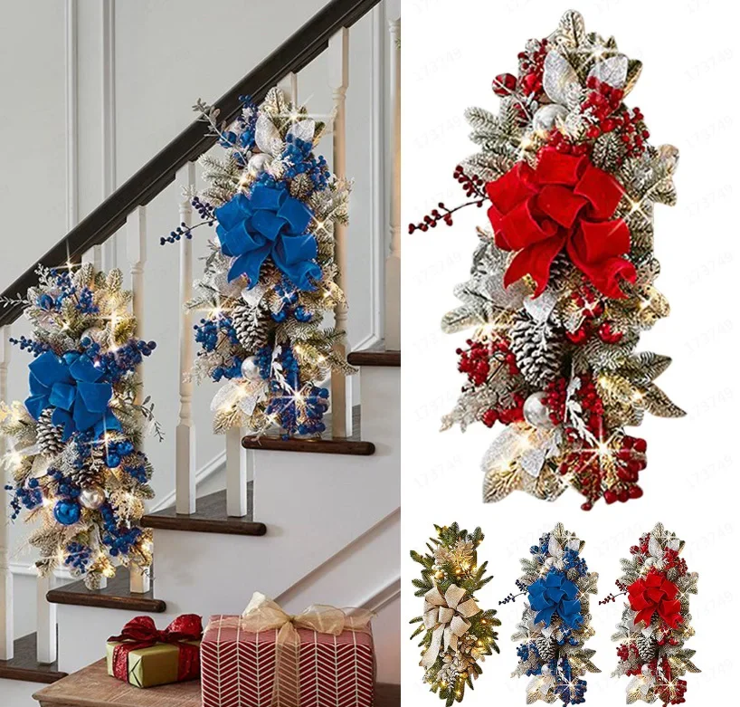 

The Cordless Prelit Stairway Swag Trim Christmas Swag Wreaths for Front Door Holiday Wall Window Hanging Ornaments Xmas Decor