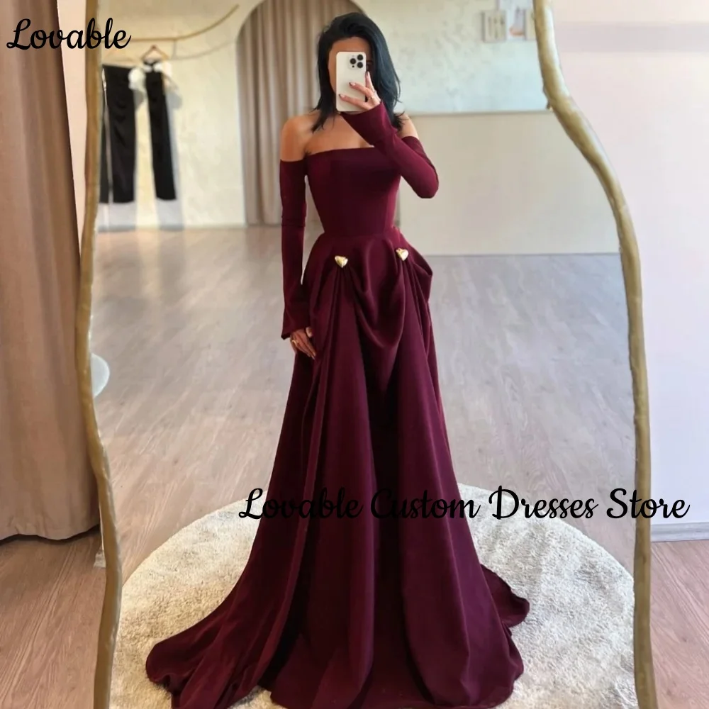 

Customized Prom Dresses 2025 A-Line Off-The-Shoulder Neckline Floor-Length Zipper Up Long Sleeves Dress Women Elegant Party