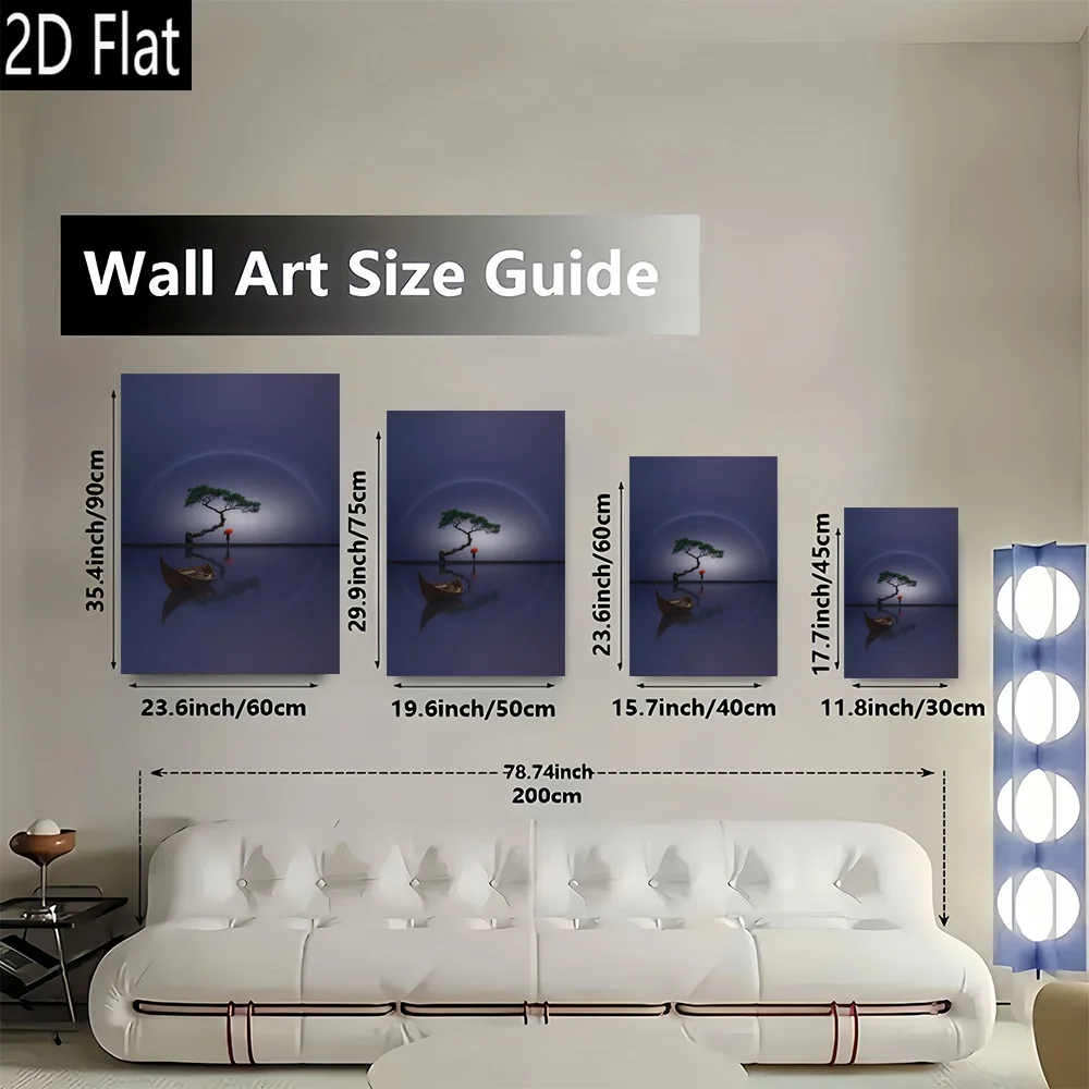 2D Flat, 1pc Frameless Vertical Canvas Wall Art - Serene Moonlit Reflection with Boat & Tree, Modern Retro Asian-Inspired Minima