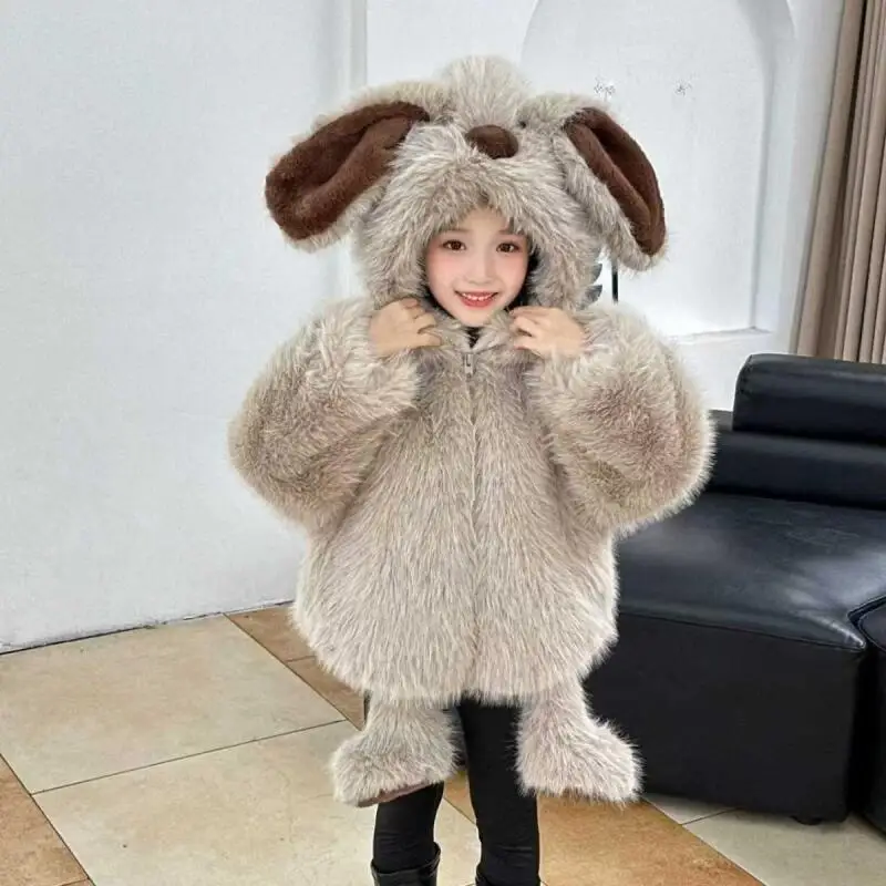 Winter Cartoon Eco-Friendly Fur Coat Boy Cute Keep Warm Hooded Cotton-Padded Jacket Girl Cute Fleece-Lined Thicken Mao Mao Tops