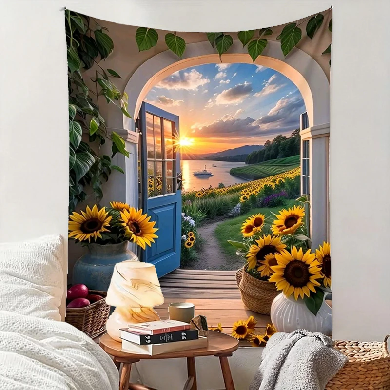 1PC Arch Sunflower Lake Art Print Backdrop Banner, Bedroom Living Room Photo Background, Polyester, Home Decor, Wall Art