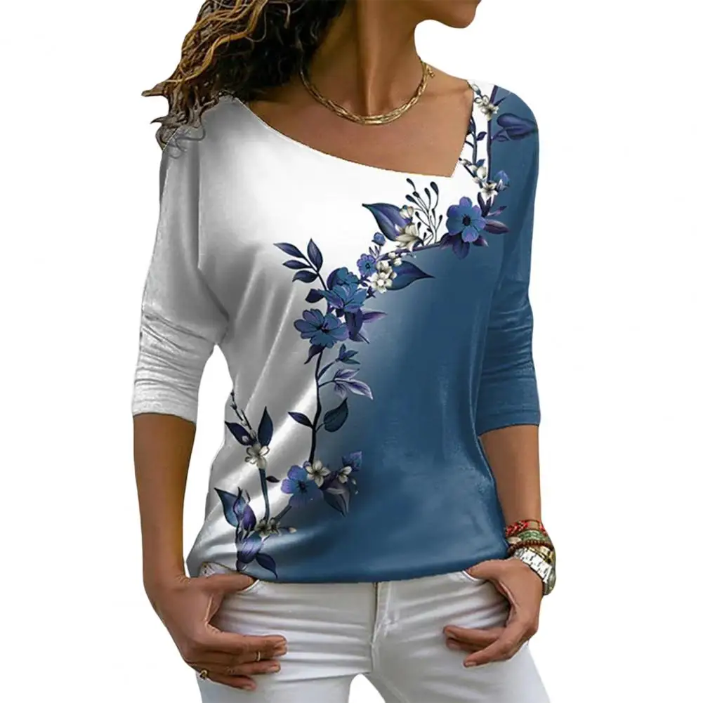 Women Autumn Top Flower Print Contrast Color Long Sleeves V Neck Pullover Warm Soft Floral Pattern Lady T-shirt Female Clothes