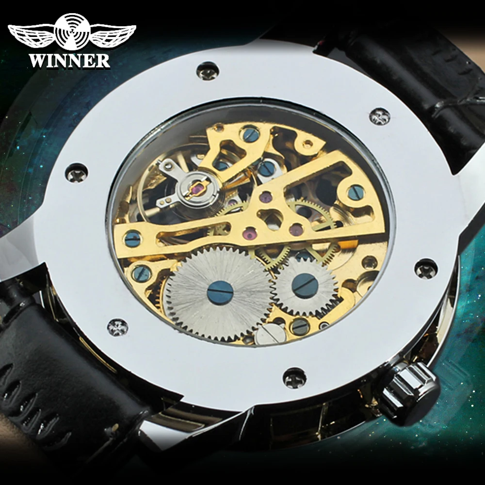 T-Winner Classic Fashion Royal Skeleton Design Watches Mechanical Hand Wind Movement PU Leather Strap Wristwatch for Mens Womens