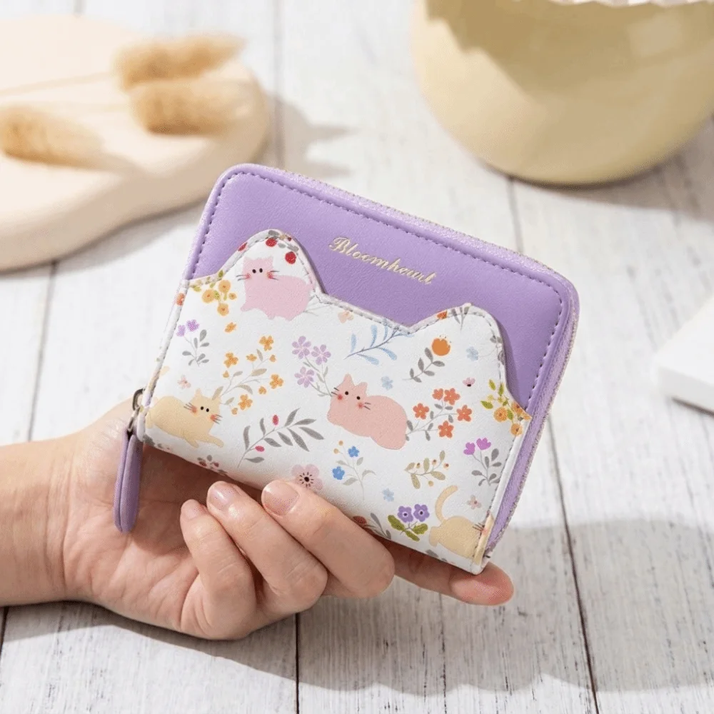 Cute Style Cartoon Cat Floral Print Wallet PU Leather Multi Card Slots Short Wallet Minimalist Slim Coin Purse For Girls
