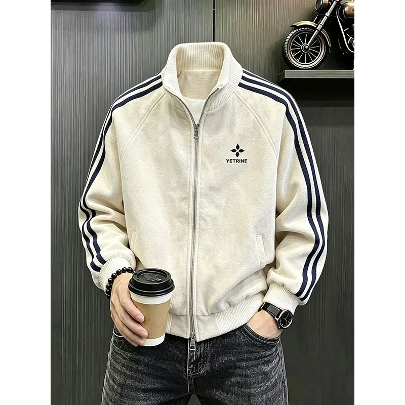 American Style Three Bars Lychee Pattern PU Leather Jacket Men's Autumn Retro Trendy Windproof Sports Stand Collar Jacket