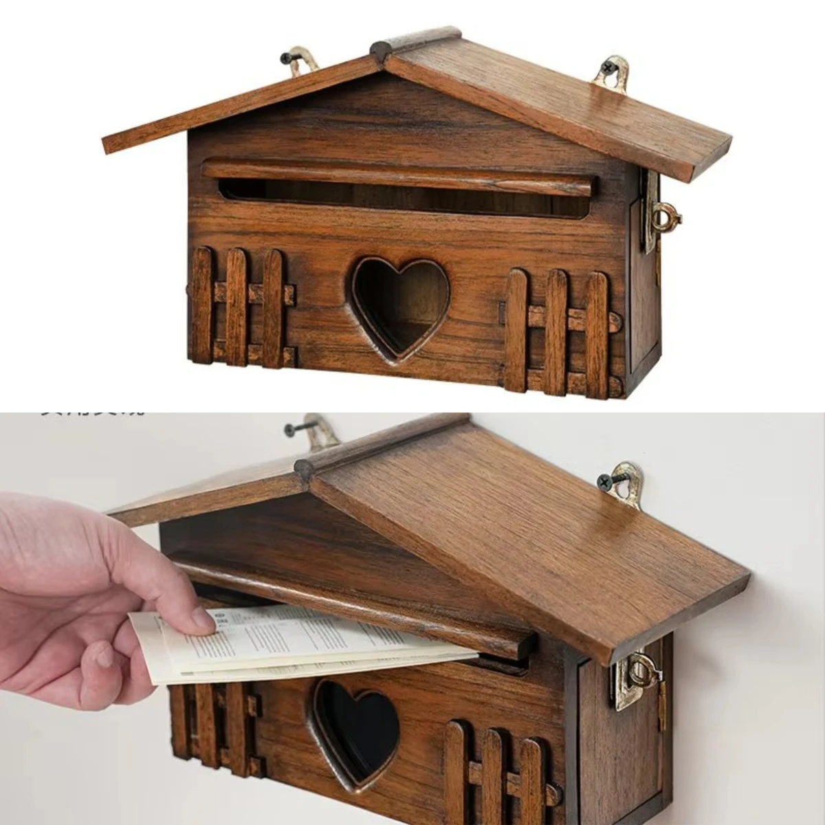 Wooden Wall Mailbox for Outdoor, Country Style Letter Box with Lock, Suggestion Box for Hom