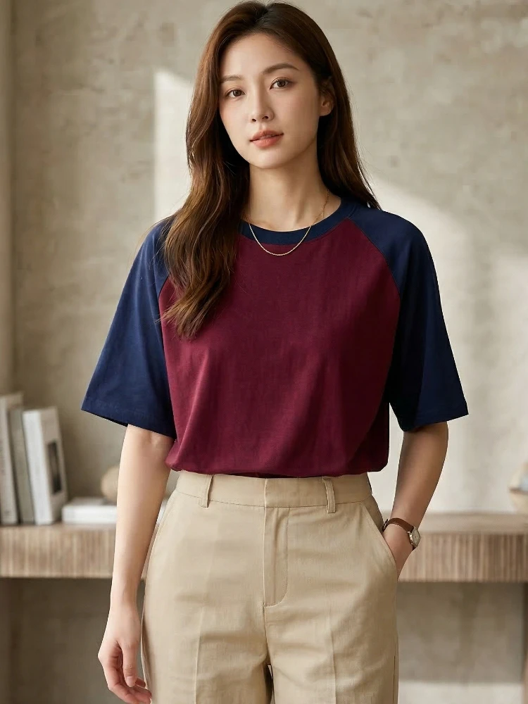 200G Baumwoll-Raglan-Kurzarm-Rundhals-T-Shirt für Damen, Frühjahr/Sommer 2026, locker sitzendes, vielseitiges Freizeit-Oberteil, Color-Block-Tees – Detail 5