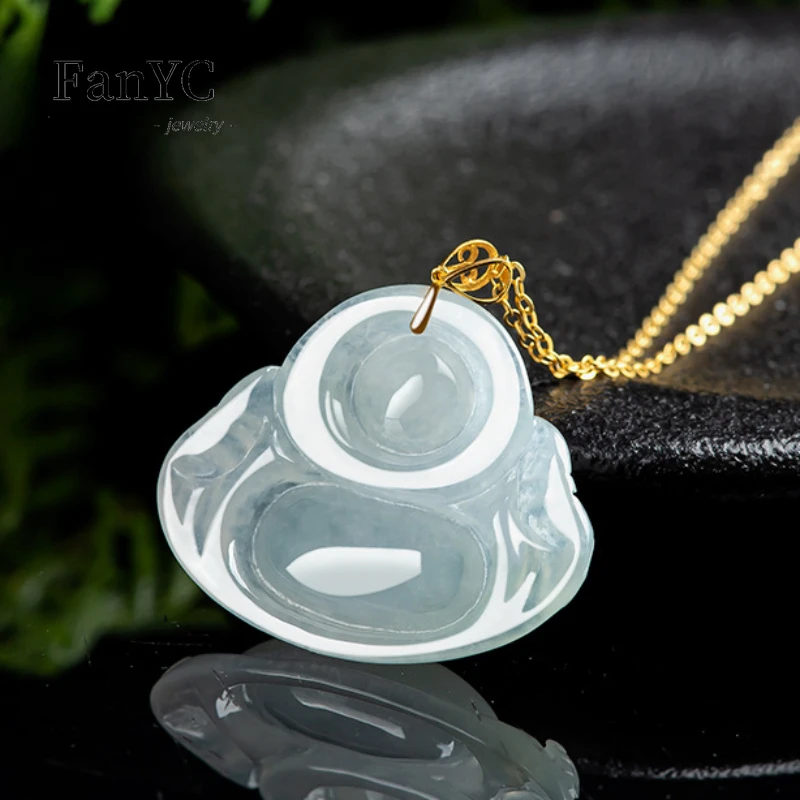 Myanmar A-goods Jadeite Maitreya Buddha Pendant 18K Gold Inlaid Exquisite Luxury Ice Jade Necklace Men and Women Holiday Gift