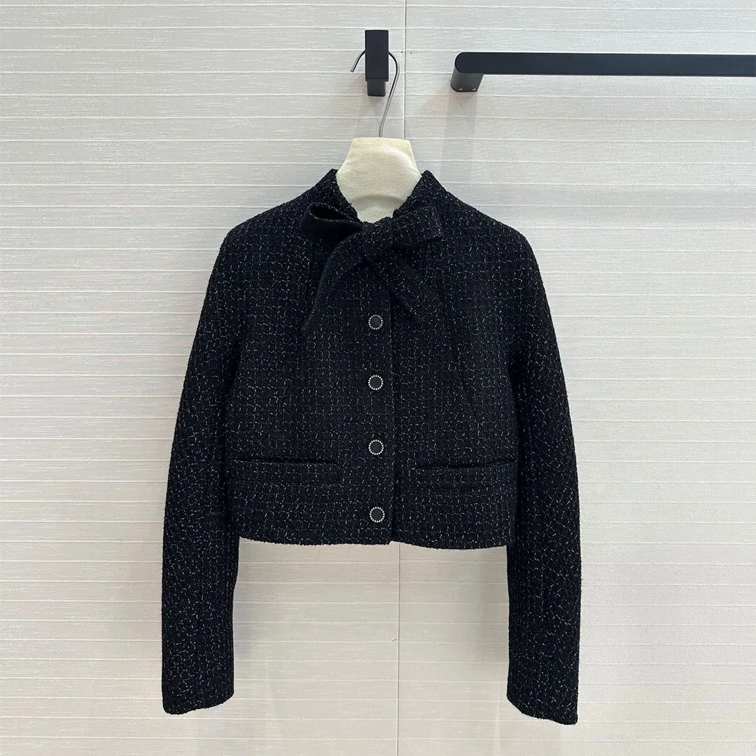 2024 New Autumn Vintage Black Plaid Tweed Jacket Women Lace-up Stand Long Sleeve Pockets Buttons Sweet Retro Short Design Coat