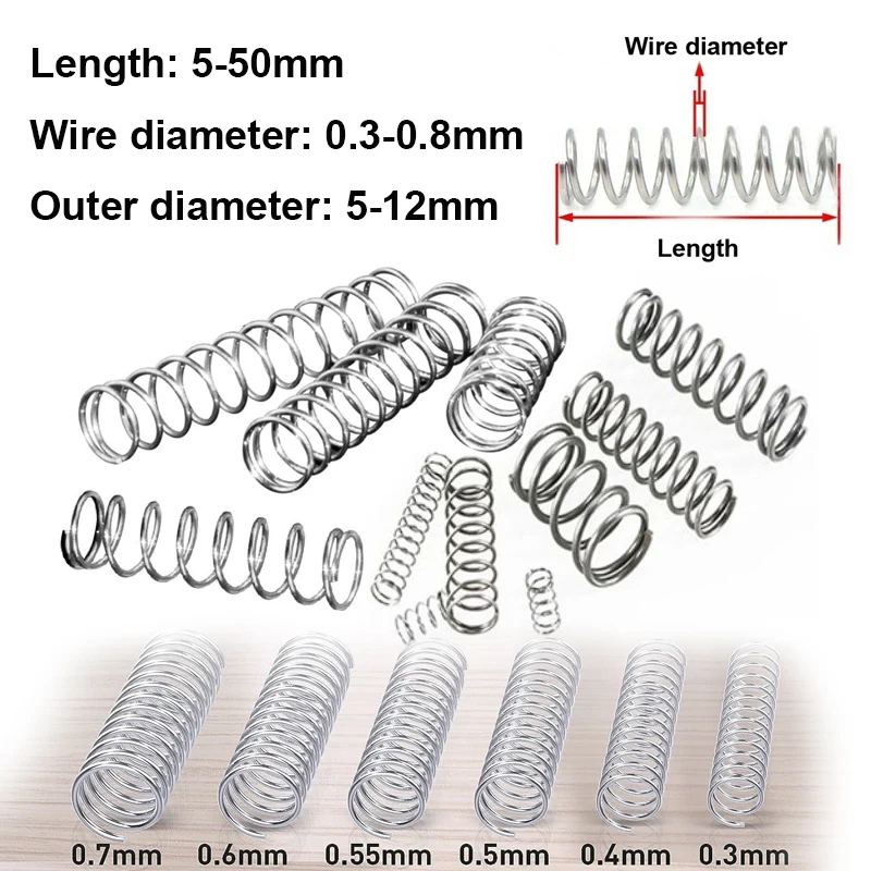 10 szt. Średnica drutu 0,3 0,4 0,5 0,6 0,7 0,8 mm Stal nierdzewna Mikro mała sprężyna dociskowa OD