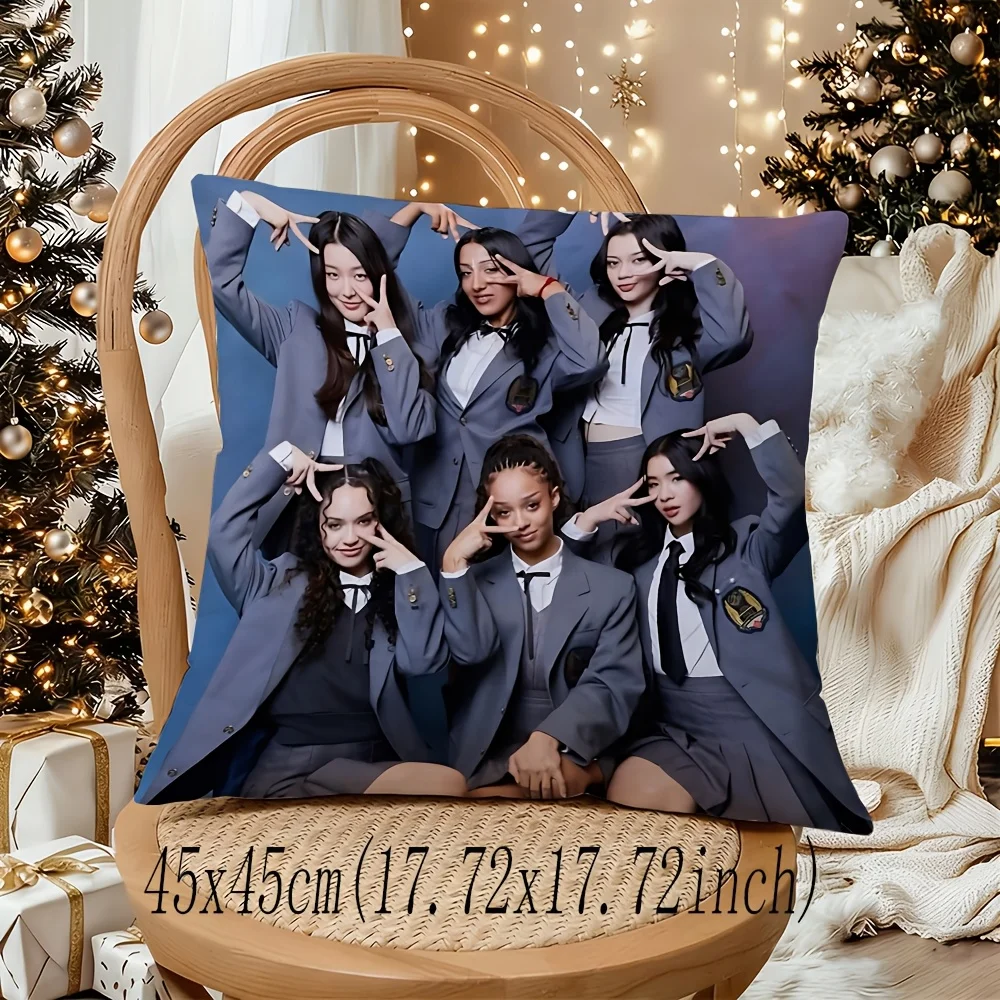 1pc KATSEYE Kpop Girl Group Pillow Cover, Polyester 2D Double-Sided Print, School Uniform Group Photo Art, Fan Home Decor Gift