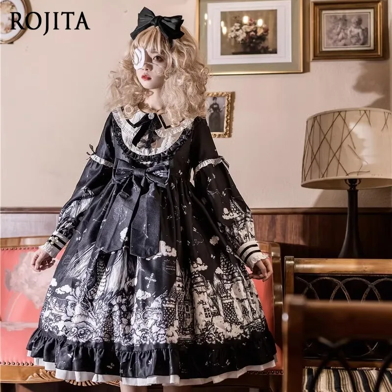 

Castle Night Lolita Dark Gothic Style OP Long Sleeve Dress for Women Spring Autumn Japanese Original Design Lolita Black Dress