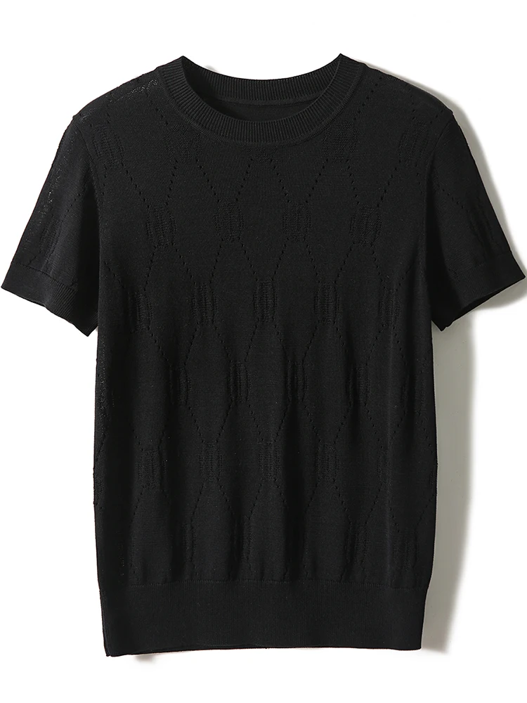 Knitting Tops Women Summer Fashion O Neck Slim Thin Short Sleeve Tshirts Tee Shirt Femme Solid Basic Hollow Out T Shirt Female
